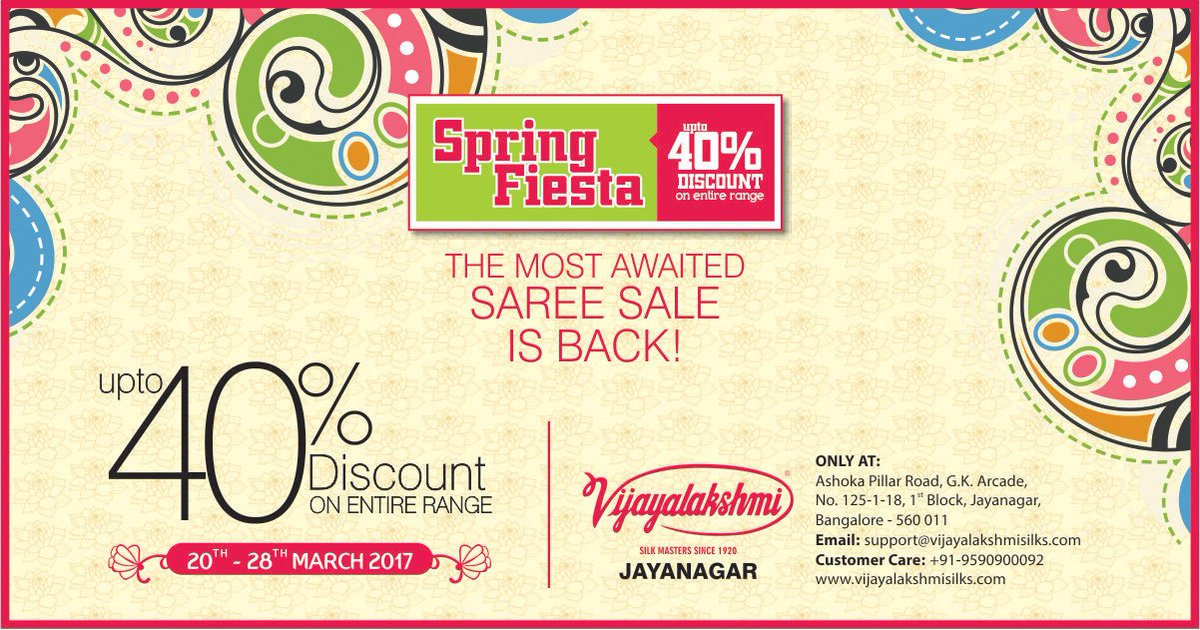 silksareeonline's tweet photo. Spring Fiesta, The Most Awaited Sale is Back! Upto 40%Discount on entire range. It's available only at our Ashoka Pillar Branch,Jayanagar. https://t.co/VVv7oMkljA