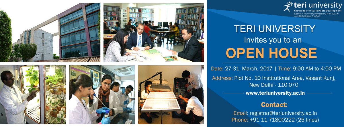 terischool's tweet photo. Join TERI University's Open House, 27-31, March, 2017 9:00 am to 4:00 pm &amp; Experience the life at TERI U Contact +91 11 26122222 #OpenHouse https://t.co/N6VgVw2I16