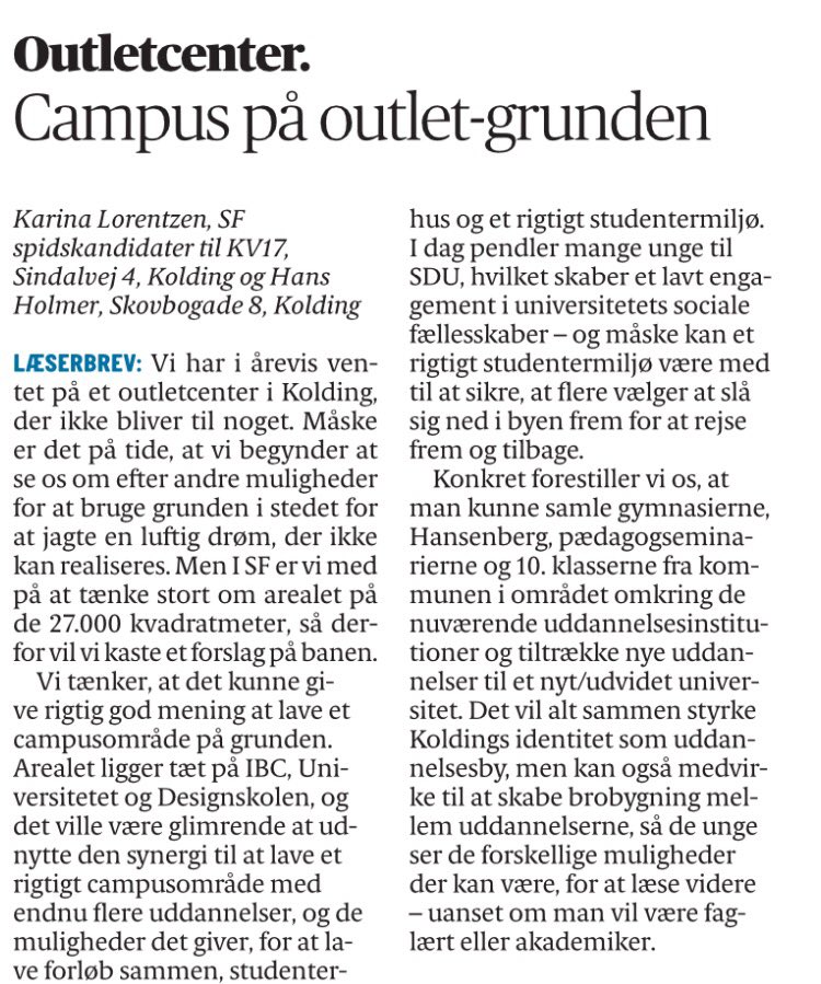 SFKolding's tweet photo. @MF_K_Lorentzen og @HolmerHans vil ikke vente på luftigt outletcenter, men bygge campus i stedet i #kolding #kompoldk https://t.co/YZ9ABqfhBh