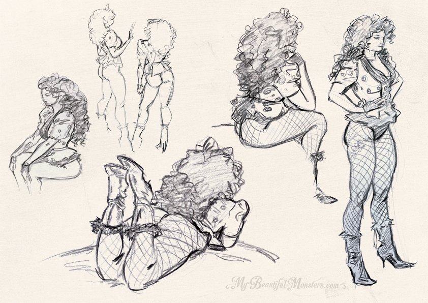 My_B_Monsters's tweet photo. Sketches from our last #CovertCharacters #LifeDrawing session w/ Rock Queen, fabulous Tina Joy! w/ 80’s playlist on feeling good #burlesque https://t.co/8xsoYK31Ow