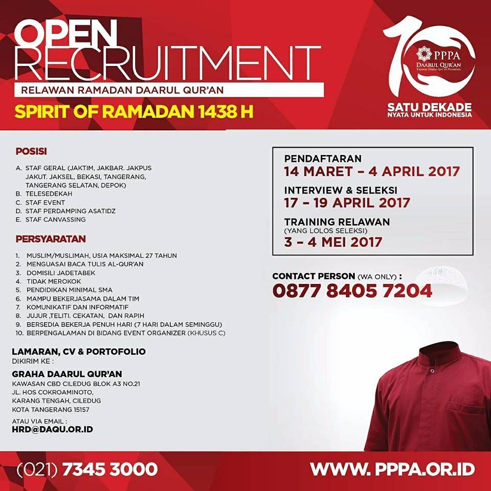 OPEN RECRUITMENT

Relawan Ramadan Daarul Quran
(Spirit Of Ramadan 1438 H)
Selengkapnya :
bit.ly/RecruitmentPPPA
#nyatauntukindonesia #PPPA