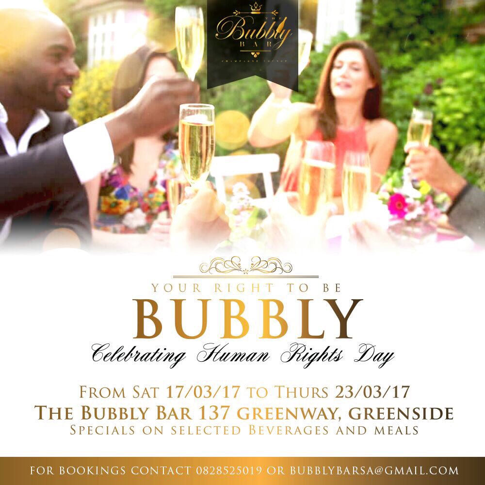 BubblyBarSA's tweet photo. Celebrate 'Your Right To Be Bubbly' this week, with specials on selected beverages and meals. #BubblyBarSA https://t.co/OUA07ZXEqh