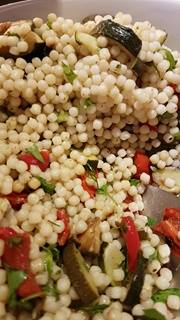 Giant couscous and roasted Mediterranean vegetables with salsa verde. Now that's a salad.