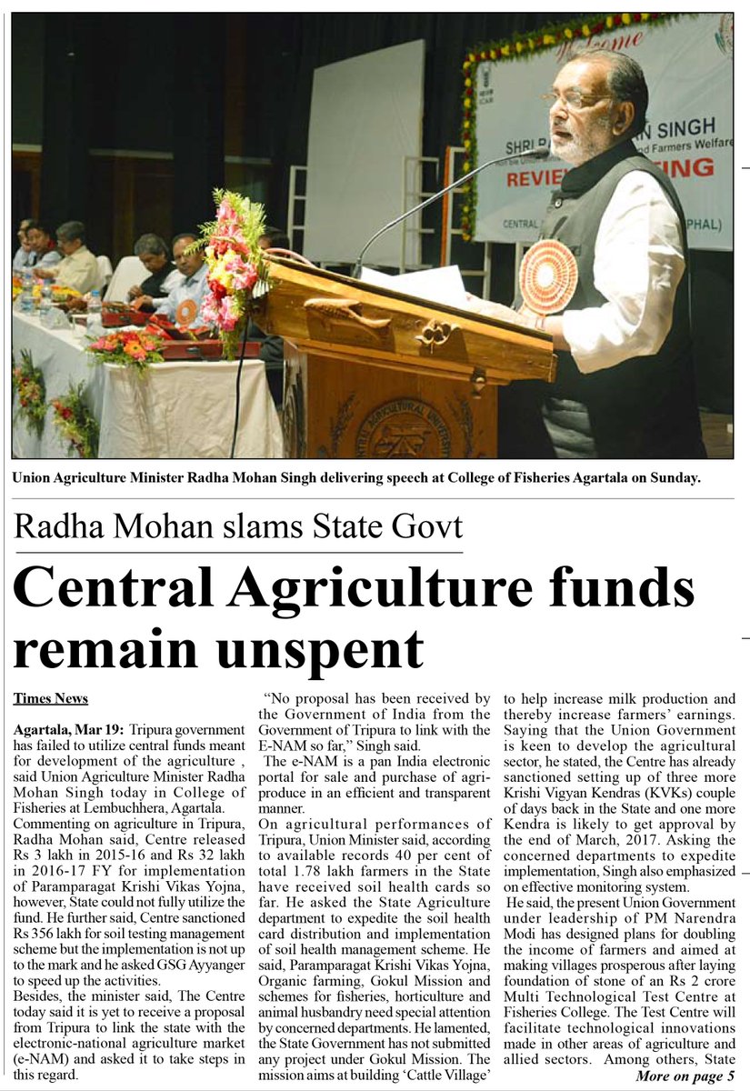 Agriculture minister reprimands Tripura govt for not utilising central funds meant for agricultural development.