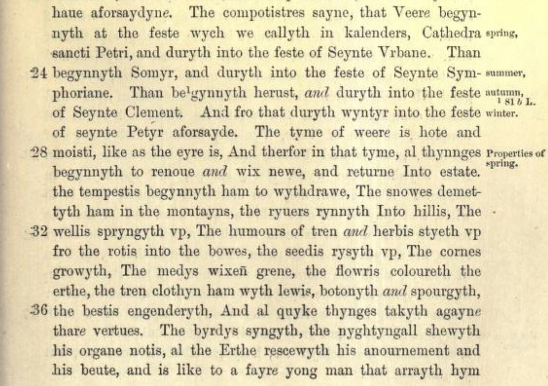 A 15th-century description of spring, when 'the medys waxen grene, the flowris coloureth the erthe' archive.org/stream/threepr…