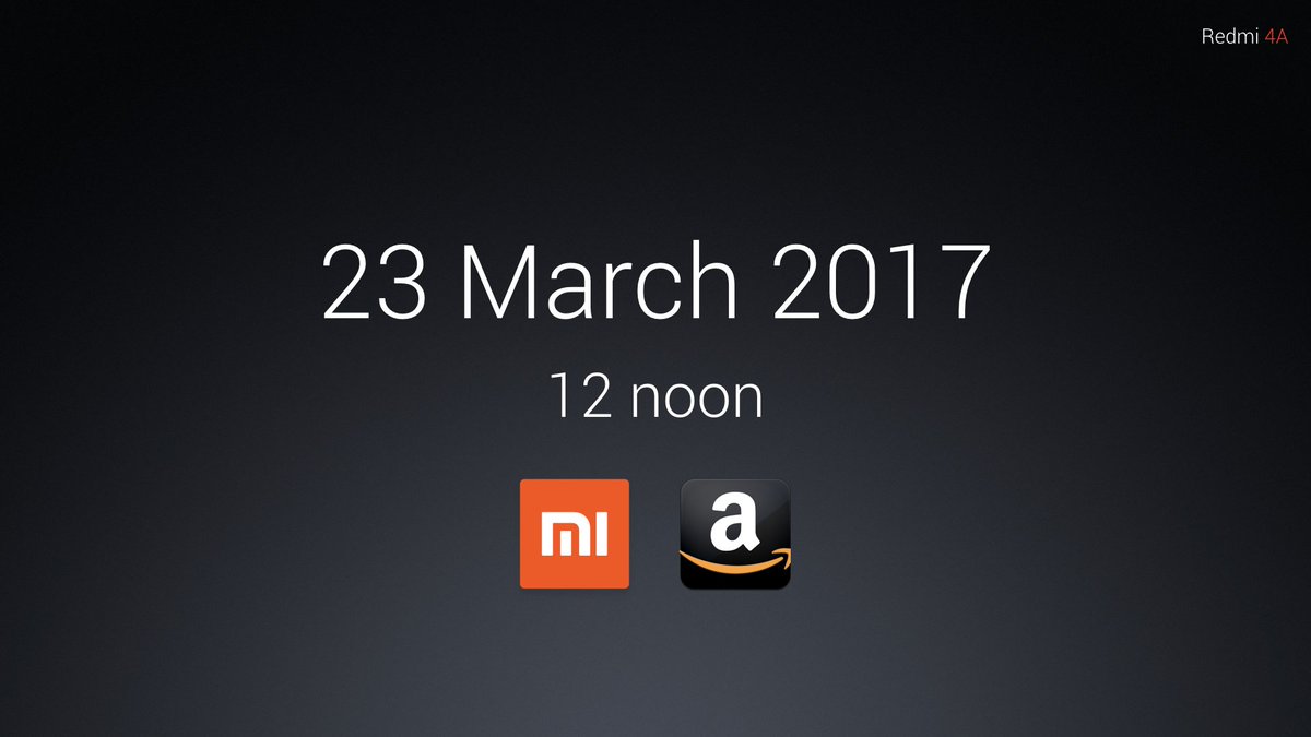RedmiIndia's tweet photo. Redmi 4A goes on sale @ noon on March 23 exclusively on https://t.co/BLn4mnGT3R and @AmazonIN. Also available via pre-order soon https://t.co/gBJlbPaTx3