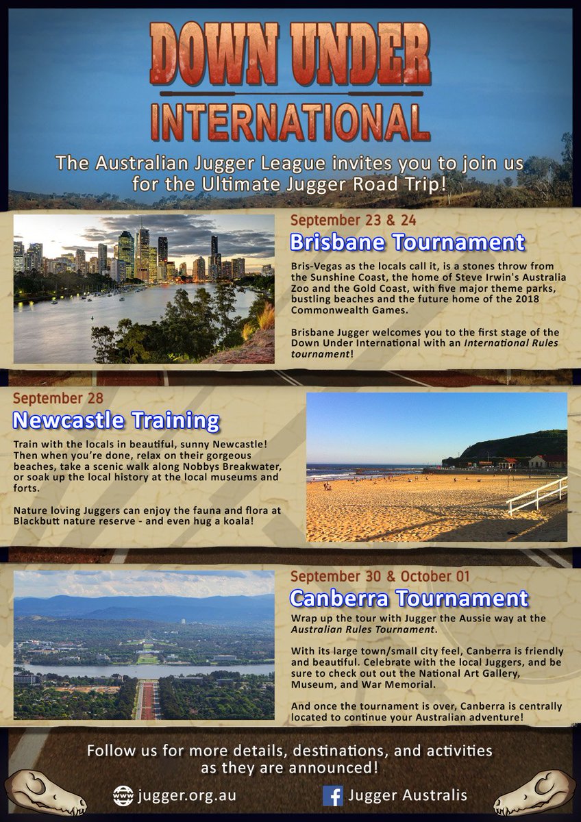 The Down Under International is coming! Join us for some #Jugger Aussie style!
#Brisbane #Canberra #Newcastle 

facebook.com/events/1928827…