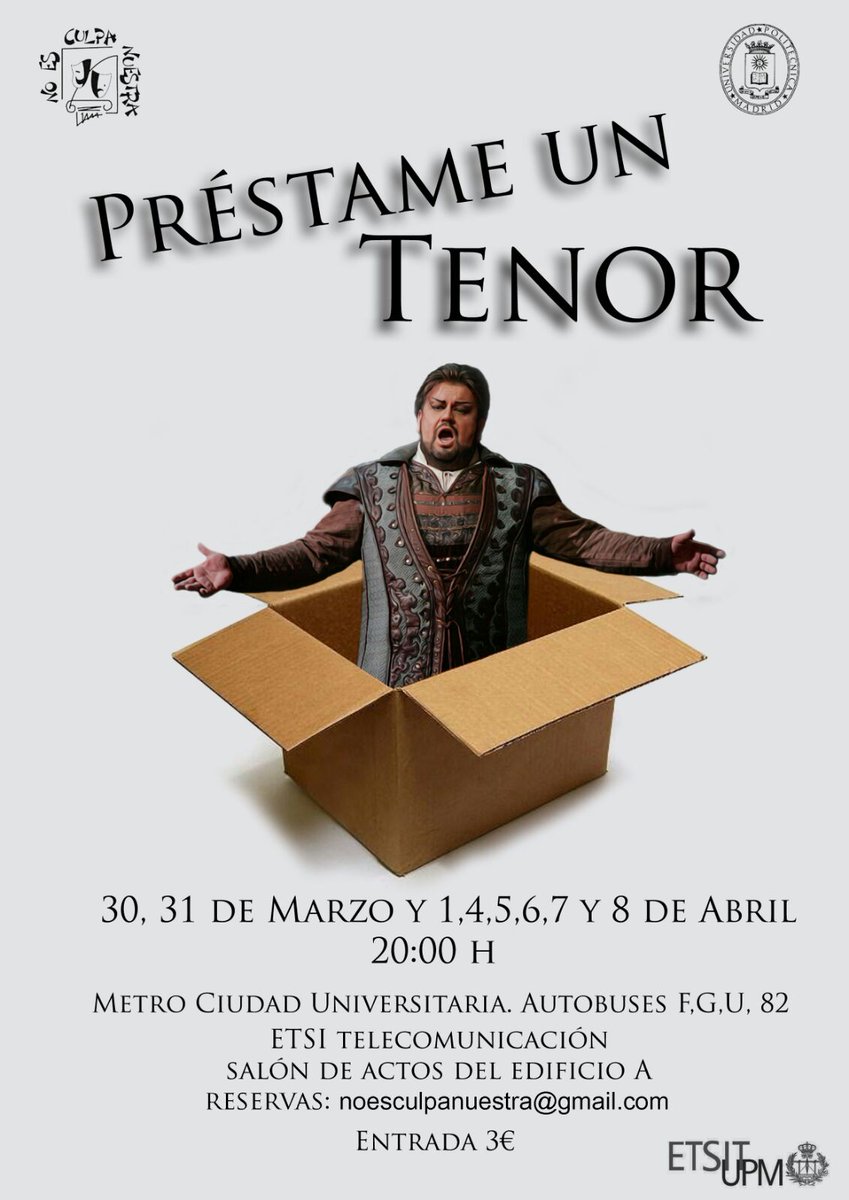 ¡YA NO QUEDA CASI NADA PARA EL ESTRENO! ¡No lo dudéis y venid a ver este obrón en la ETSIT! Reservas en noesculpanuestra@gmail.com