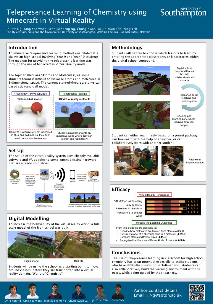jo_usmc's tweet photo. Telepresence Learning of Chemistry using Minecraft in Virtual Reality
#RSCPoster #RSCEdu from University of Southampton (Malaysia Campus) https://t.co/rXyGbz3vNj
