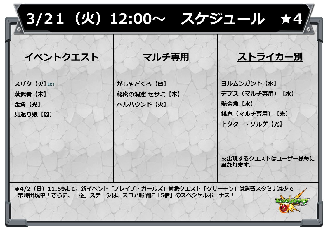 モンスターストライク公式 モンスト イベントスケジュール 明日12時 正午 から 以下の 4クエストが出現スタート モンスト T Co 8xx2kpvxbs Twitter