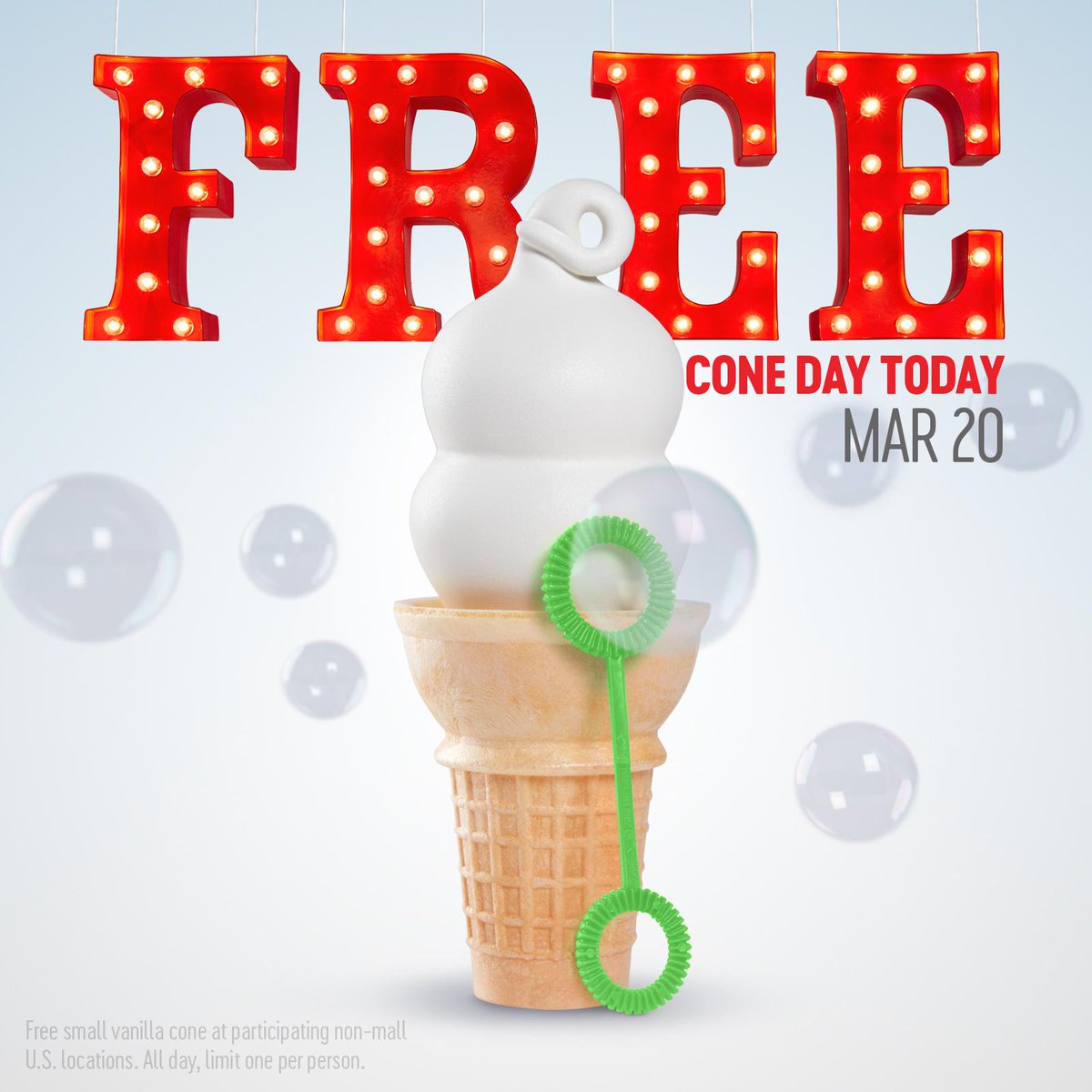DairyQueen's tweet photo. #FreeConeDay is today! Say hello to summer on the #FirstDayofSpring 3/20, w/ 1 free small vanilla cone. Donations accepted for @CMNHospitals https://t.co/lAlvcE5nZ3
