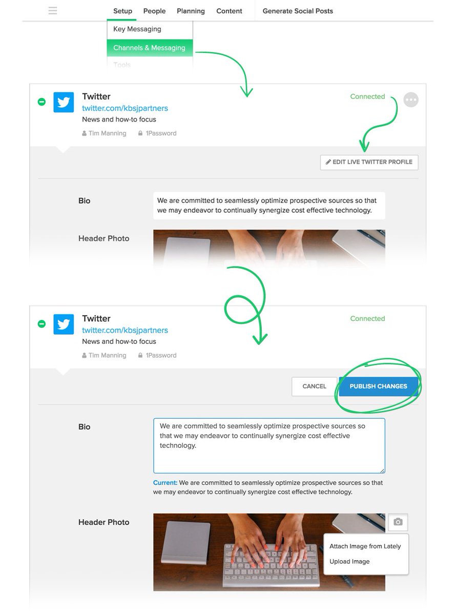 LatelyAI's tweet photo. Instantly edit text or images on your connected social profile pages - directly from Lately, in one click. #freethemarketer #golately https://t.co/tKW538NDSU