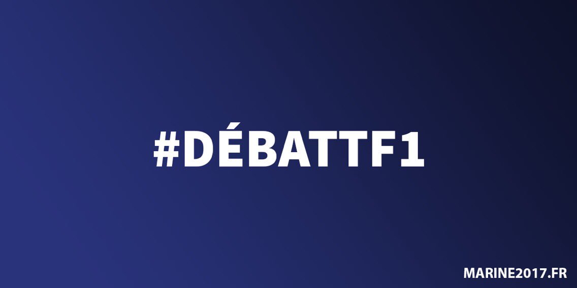 MLP_officiel's tweet photo. 📣 RT ! Soyez mobilisés pour le grand débat de ce soir sur @TF1 ! Je compte sur vous 😉
#DébatTF1 #AuNomDuPeuple #Marine2017 #AvecMarine https://t.co/tHWwXkDH8a