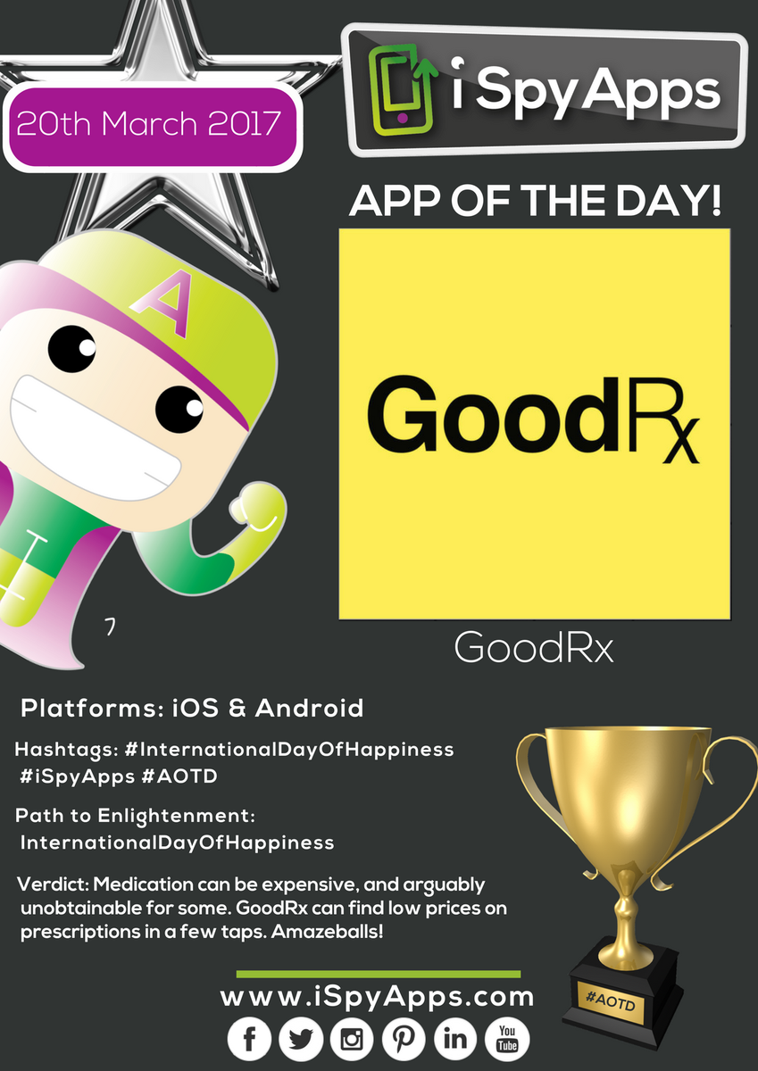 iSpyAppsBets's tweet photo. Since it's #InternationalDayOfHappiness, what better choice for #AppOfTheDay than @GoodRx? Save a TONNE of money on your prescriptions! https://t.co/vKLqgPqNBX