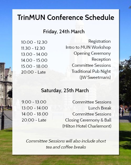 TrinMUN2018's tweet photo. And we have a schedule! #TrinMUN17 https://t.co/BtUbpVKYB1