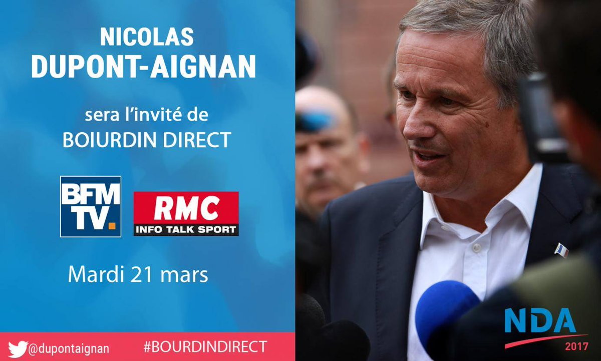 Ne manquez pas Nicolas @dupontaignan demain matin dans #BourdinDirect sur @RMCinfo et @BFMTV . #NDA2017 #Presidentielle2017 #TF1boycott