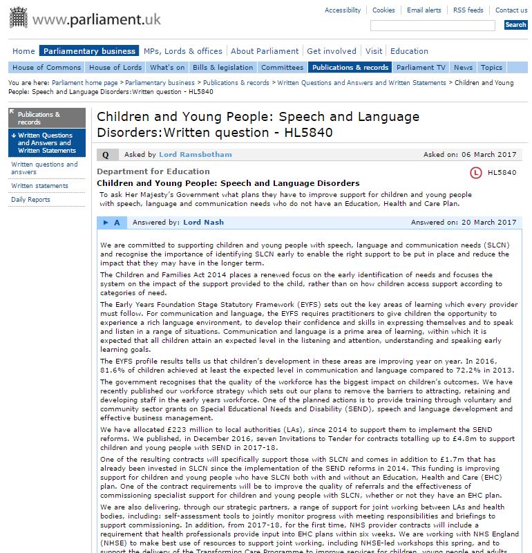 RCSLTpolicy's tweet photo. A massive thank you to #LordRamsbotham for asking a series of PQs on @RCSLT's #SENDreport. https://t.co/SlMddZzFby #SLCNmatters https://t.co/9NafRNQKF7