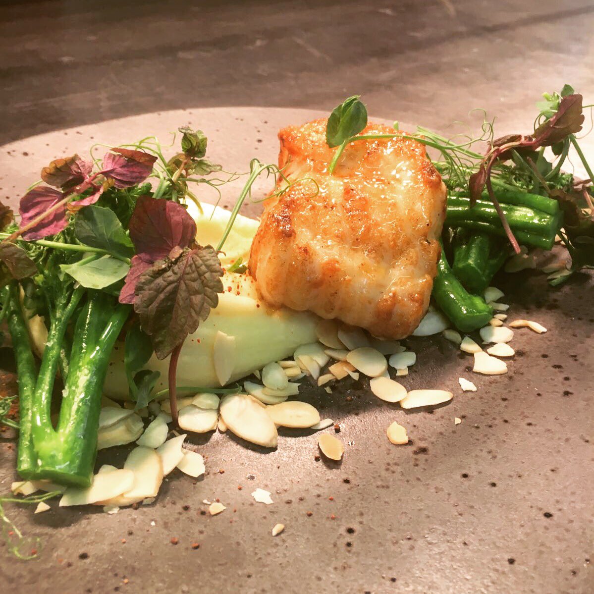 Not too heavy, just right. Monkfish with mash, broccoli, roe powder &amp; miso glaze #gastropubs #fulham