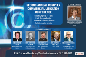 MassBar's tweet image. Reserve your seat for our Second Annual Complex Commercial Litigation Conference on April 6 at the Hyatt in Boston. massbar.org/cle/cle-progra…