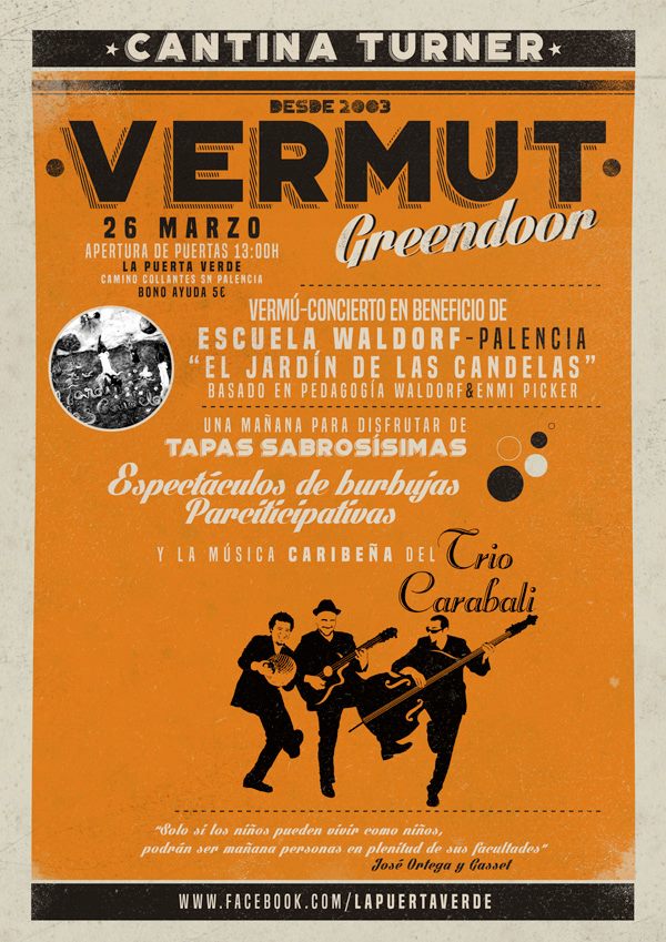 Domingo vermú solidario en beneficio de la Escuela Waldorf. Amenizaran el evento el Trio Carabali. Veniros a tomar unas tapas ricas ricas!