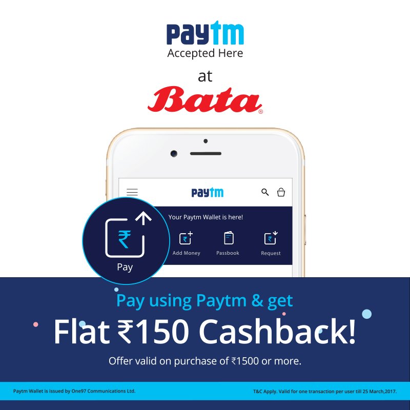 BATA_India's tweet photo. The shoe you love will now get you a cashback. Visit a #BataStore, shop worth Rs. 1500 or more using Paytm & get Rs. 150/- #cashback. #Offer https://t.co/ZKECJ8BdLl