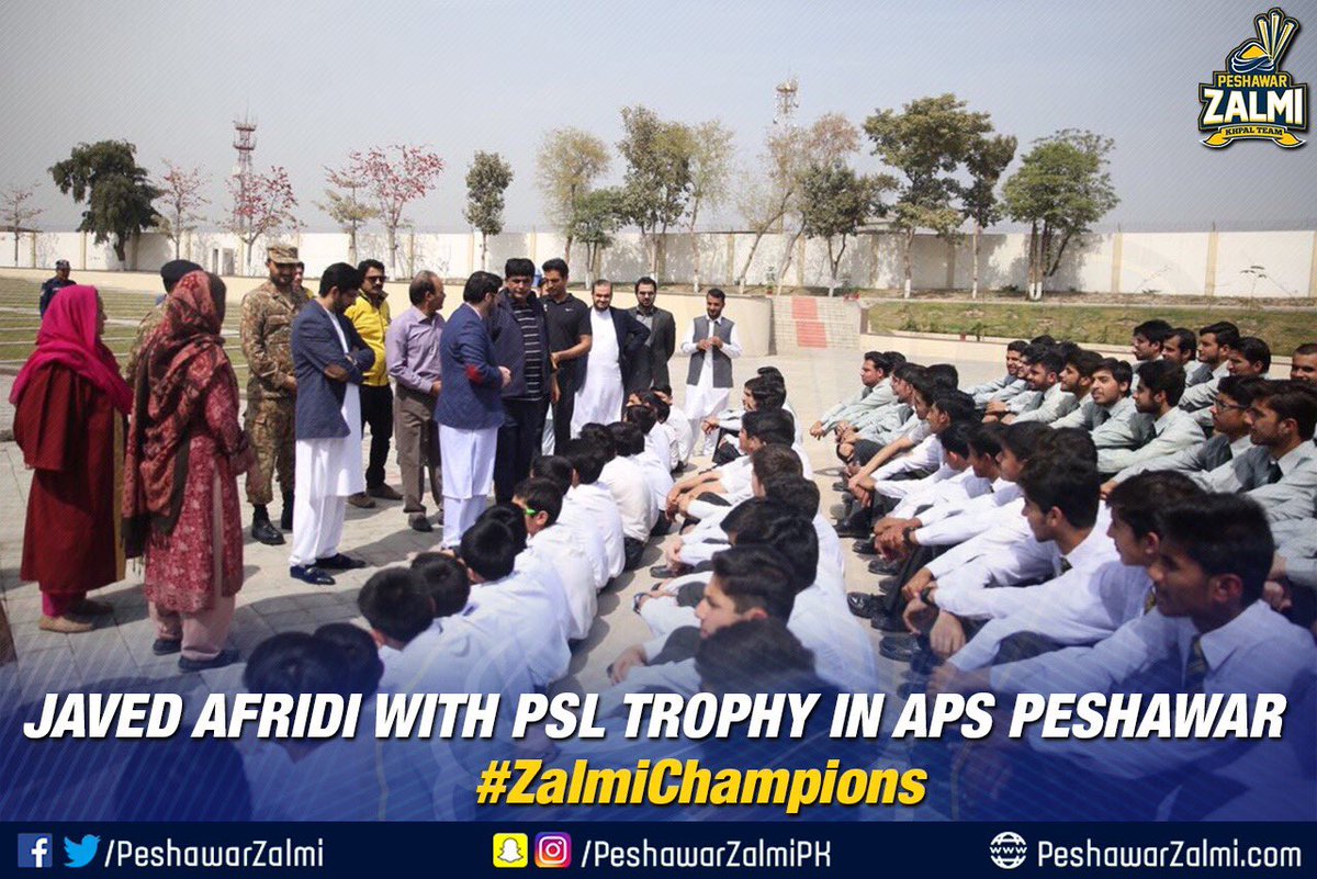 FoundationZalmi's tweet photo. The promise to bring back the smiles is fulfilled by bringing the PSL trophy to APS Peshawar #PSLTrophyTour #ZalmiChampions https://t.co/66JgbnVPQp