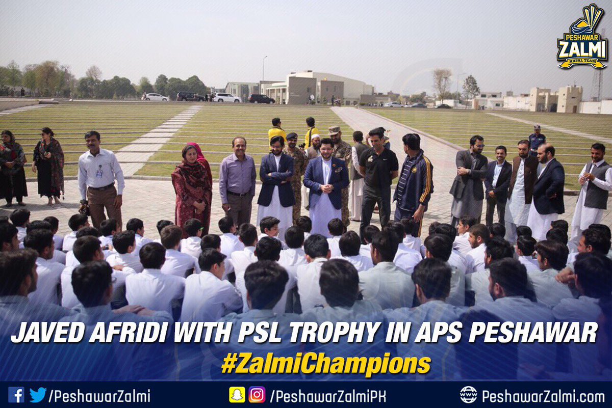 FoundationZalmi's tweet photo. The promise to bring back the smiles is fulfilled by bringing the PSL trophy to APS Peshawar #PSLTrophyTour #ZalmiChampions https://t.co/66JgbnVPQp