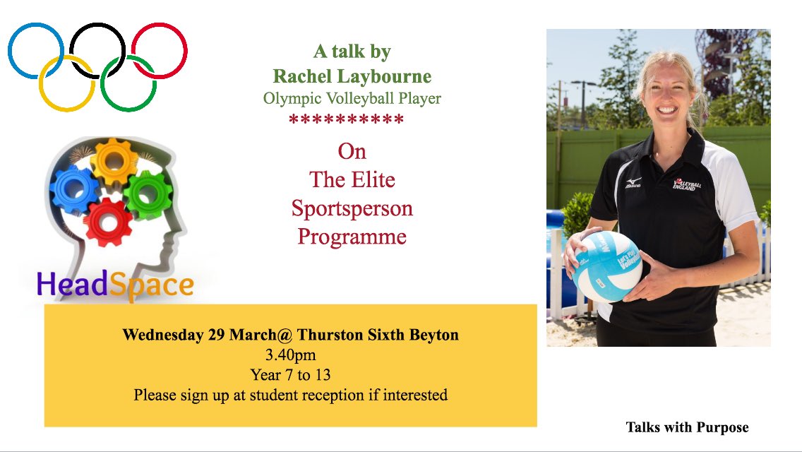 Feeling like being more active? Head to @ThurstonSixth 3:40pm Wed 29th March for the next Headspace talk on The Elite Sportsperson Programme