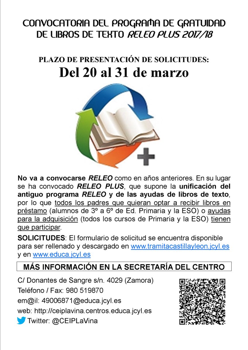 Programa de libros de texto #RELEOPLUS:✔️Solicitudes del 20 al 31 de marzo✔Portal Educacyl: goo.gl/ugl3S6 #CentrosEducaCyL