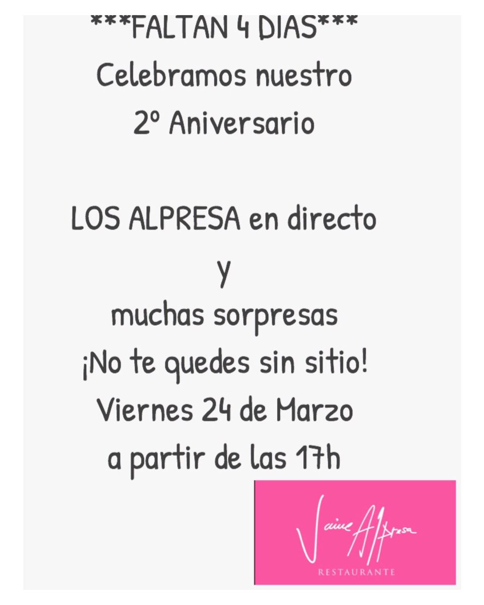 JaimeAlpresa's tweet photo. ¡¡No lo olvides, quedan 4 días!!#RestauranteJaimeAlpresa #adriano #Sevilla #arte #tapeo #tradicion #amigos #gastrobar #comidatradiciona https://t.co/dl4f9PqKjp