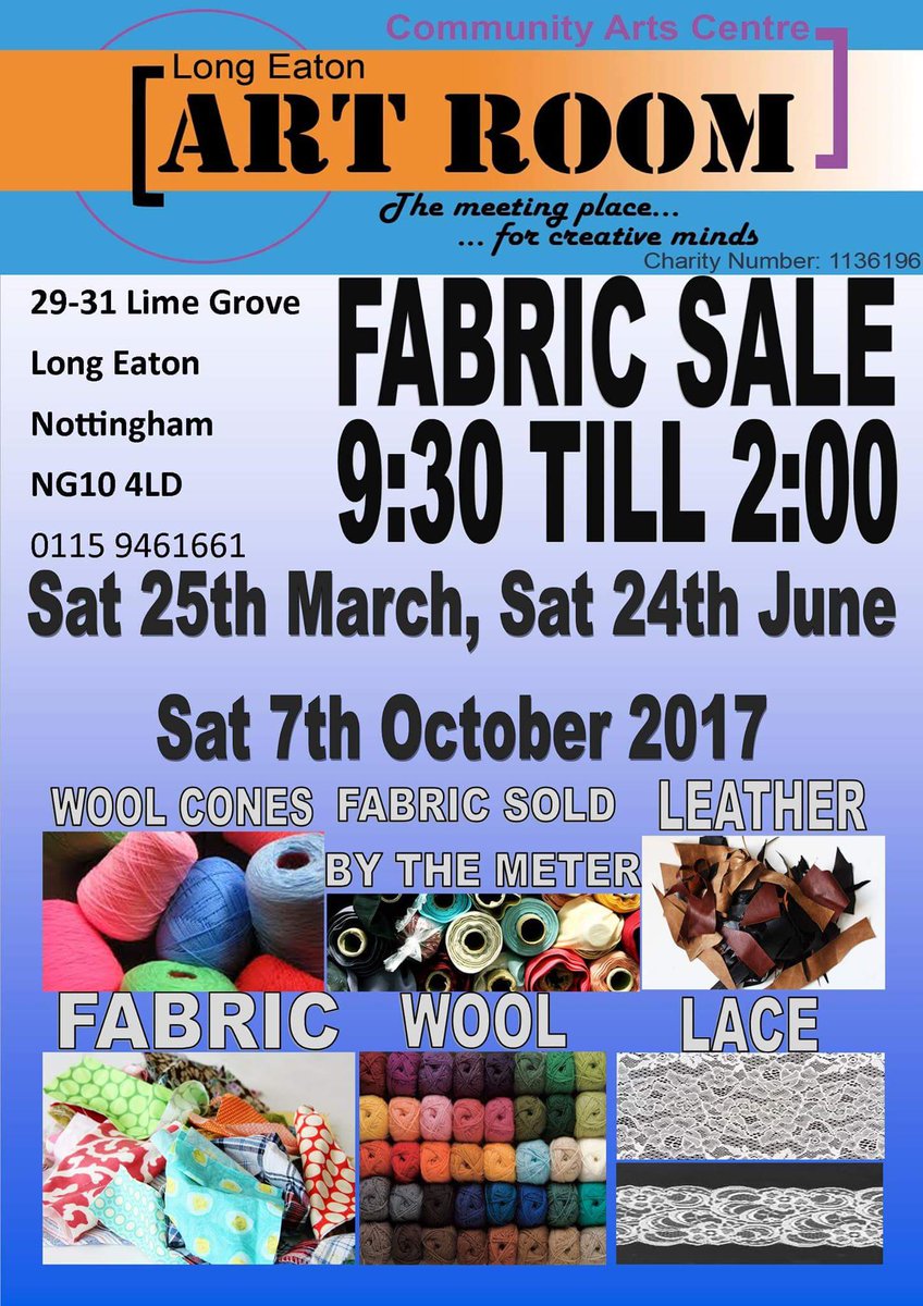 LEArtRoom's tweet photo. Huge fabric sale. 9.30-2.00 this Saturday  25th March at Long Eaton Art Room. Bag a bargain. #Fabric #Local @LongEatonLife https://t.co/336XyIwAFA