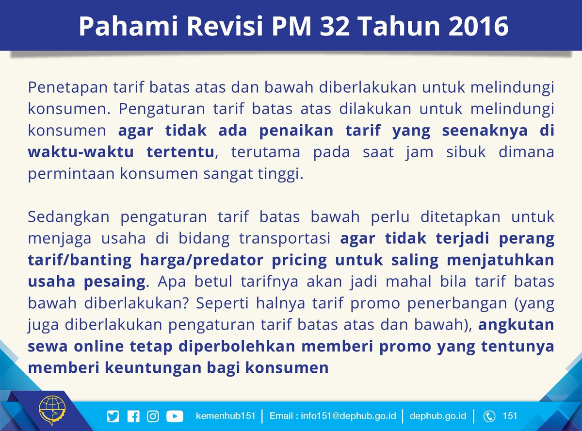 kemenhub151's tweet photo. 8. Kenapa harus ditetapkan tarif batas bawah dan atas? Bukankah ini membuat angkutan sewa online jadi mahal? #PahamiRevisiPM32 https://t.co/GUZcNB448i