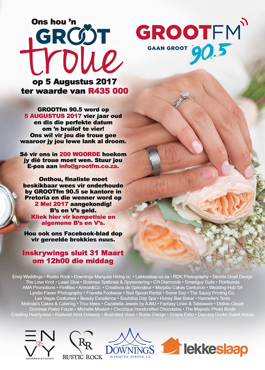 natasja4215's tweet photo. #winyourwedding #envyweddings @rusticrock @GrootFM @DowningsMarquee #laserdiva #lekkerslaap.co.za https://t.co/PTUYBYSkOz