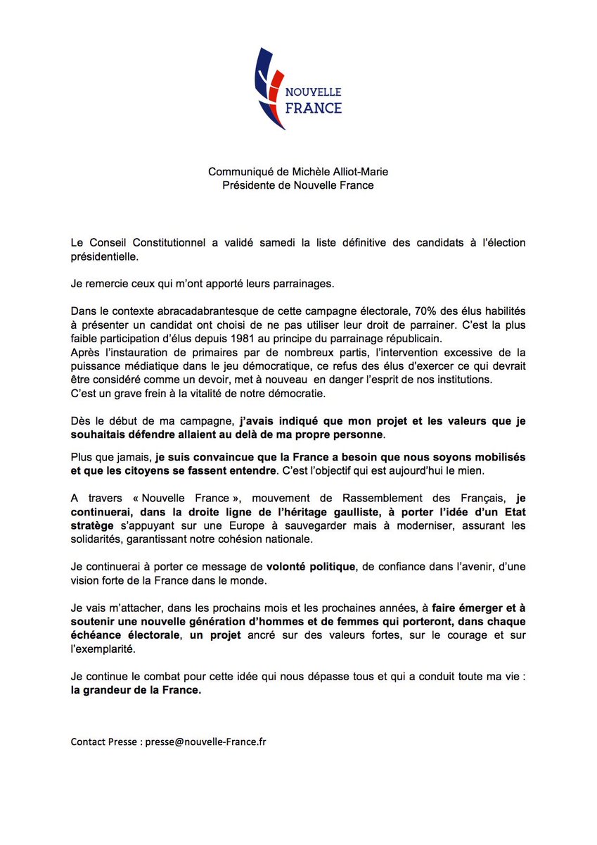 MAlliotMarie's tweet photo. "Je continue le combat pour cette idée qui nous dépasse tous et qui a conduit toute ma vie : la grandeur de la #France." https://t.co/gNiy69VHrr
