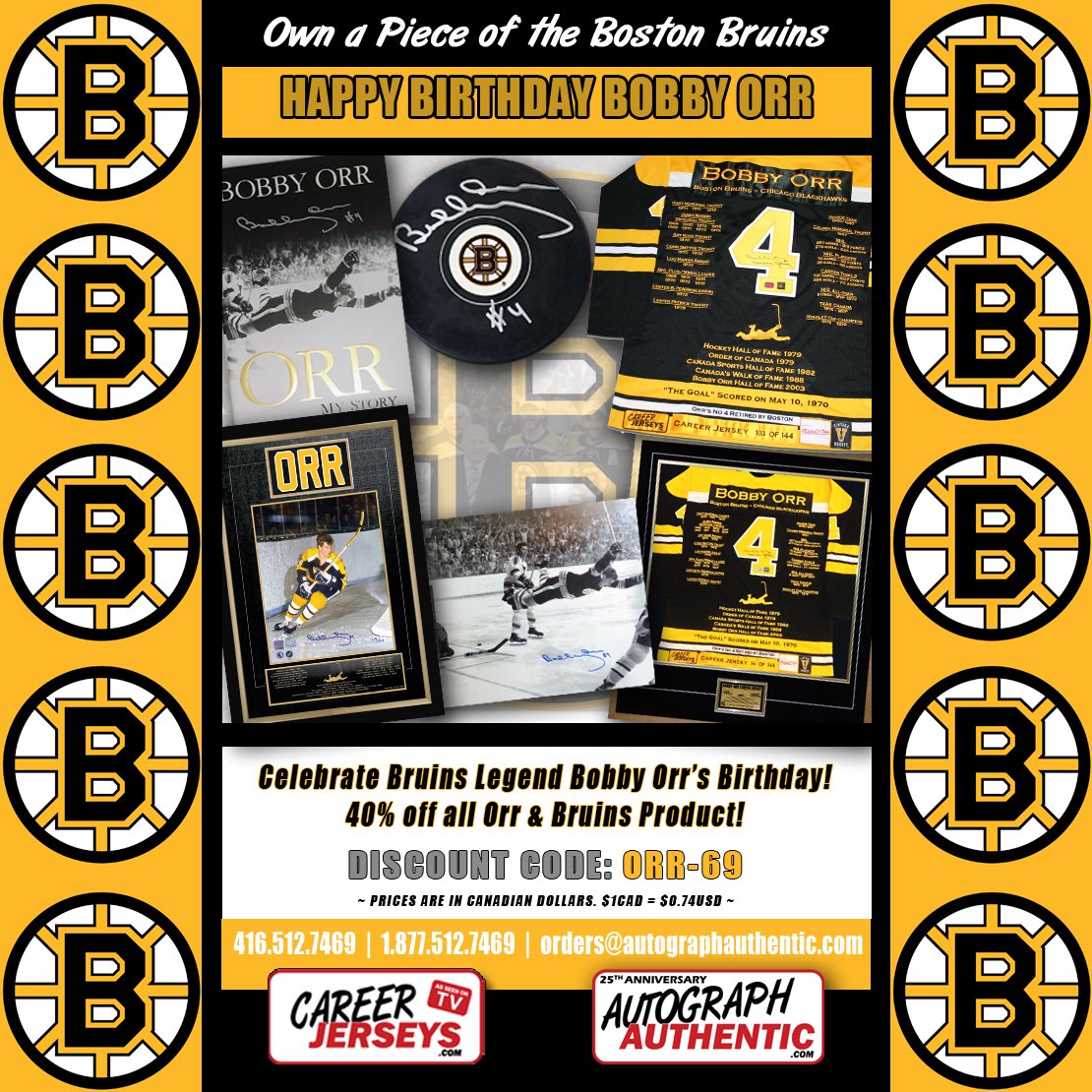 **HAPPY BIRTHDAY BOBBY ORR**
Happy Birthday to a Hockey Legend!
DISCOUNT CODE: ORR-69
 