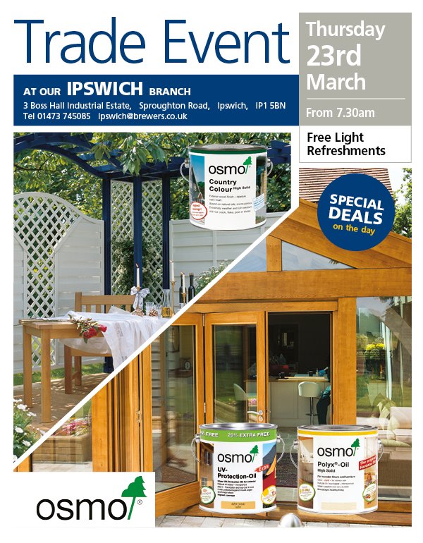 Brewerspaints's tweet photo. The wonderful #woodcare experts from @osmo_uk will be at our #Ipswich branch on 23/03/17 to answer any questions you may have! #TradeTalk https://t.co/JeMVmTszdN