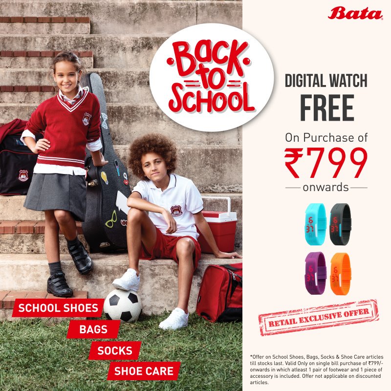 BATA_India's tweet photo. Kick-start the new session in style. Visit your nearest #BataStore to avail the offer and stock up before you go #BackToSchool. https://t.co/bJVqc5ykmr