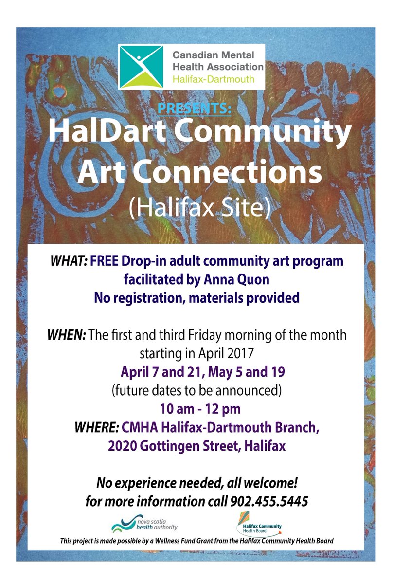 CMHAHalDart's tweet photo. Think Spring! New HalDart Community Art Connections! Workshops begin in April. Dartmouth & Halifax Community Health Boards #WellnessFund https://t.co/Co9gVVns2F