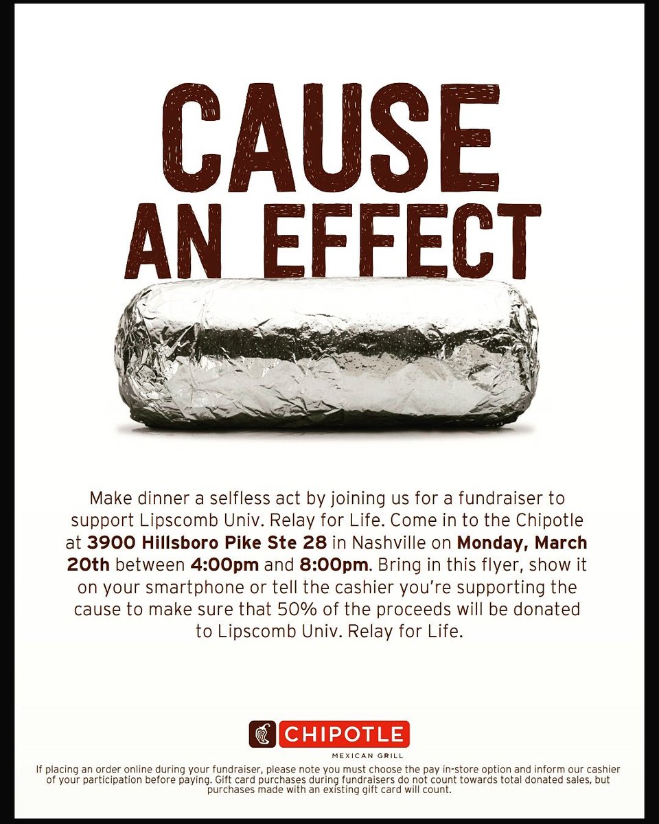 LU_RelayforLife's tweet photo. Need another reason to go to Chipotle? As if. Come out tonight from 4-8 to support the Relay cause! https://t.co/tRpE6DwDgu