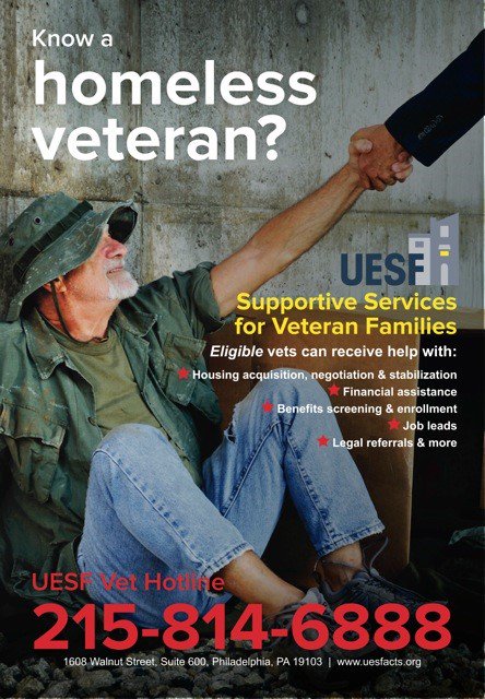 UESFVets's tweet image. DO YOU KNOW a homeless Vet or a Vet facing a housing crisis? Call UESF's Vet Hotline 215-814-6888 TODAY! @loraineballard