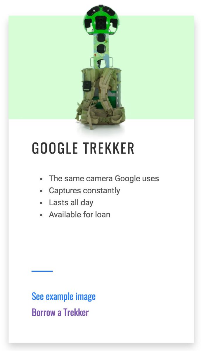 lesliefisher's tweet image. This. Is. Awesome! You can request (not all get) to borrow from Google the Google Trekker. The 360 backpack they use buff.ly/2mdsq9J