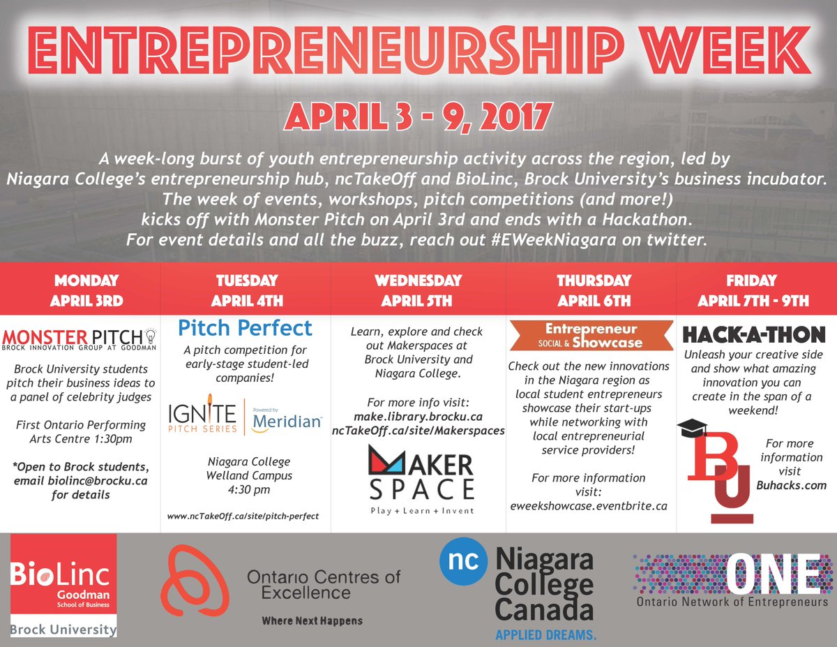 ncTakeOff's tweet photo. Are you a @BrockUniversity or @Niagara_College student? Check out #EWeekNiagara! Lots of opportunities for young #entrepreneurs in #Niagara https://t.co/1tMyrn61wl