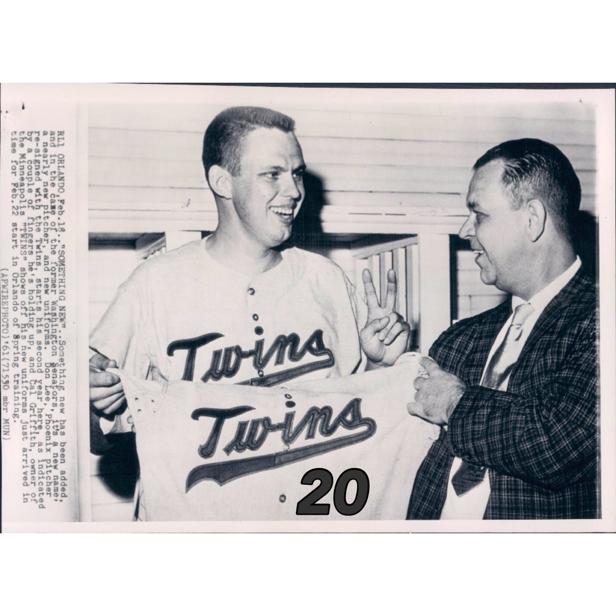 ClassicMNTwins's tweet photo. Don Lee of the 1961 inaugural Minnesota Twins was the first to wear Uni # 20. Note very professional photoshopping here…#DateReminder https://t.co/vh85hlmW66