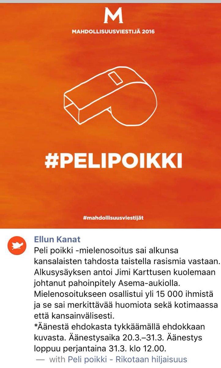 Tämä on hyvä uutinen: Syksyn 2016 #pelipoikki mielenosoituksemme ehdolla @sokeakana Mahdollisuusviestintä-kisassa. #mahdollisuusviestijät