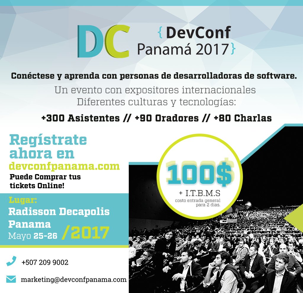 devconfpanama's tweet photo. Ya se viene Devconf Panama 2017! y tu ya tienes tu boleto?? Entérate de las promociones que tenemos! Info: https://t.co/wlHBWsbrIl https://t.co/GzHvAfEPhD