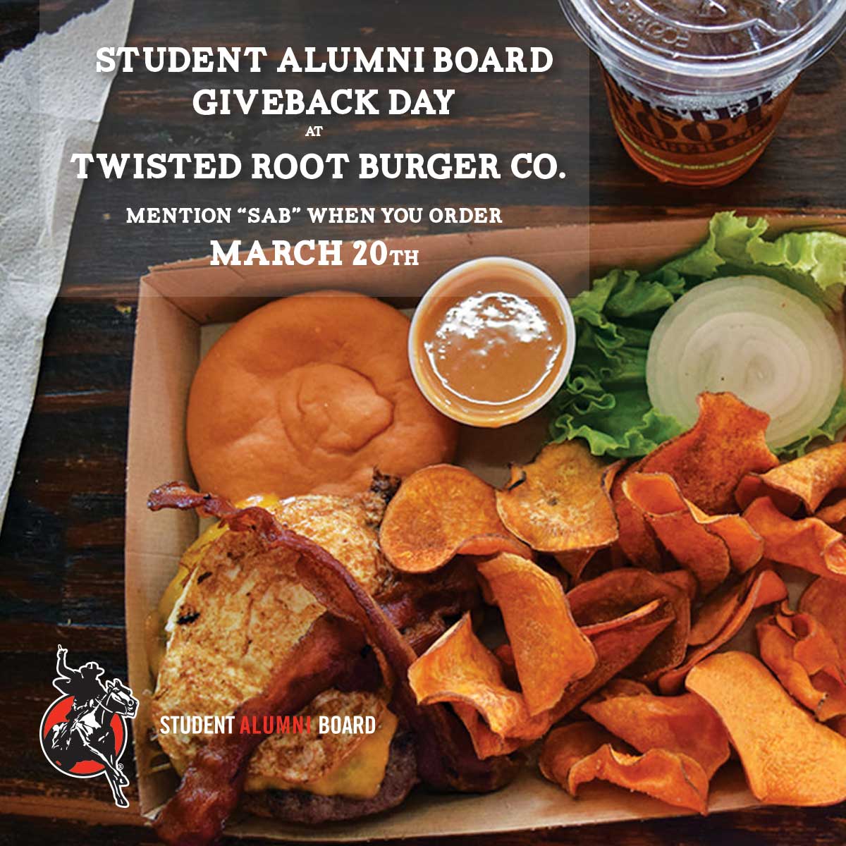 Join us TONIGHT at <a href="/TwistedRoot/">TwistedRootBurgerCo.</a> for our last giveback of the semester! Mention "SAB" when you order!