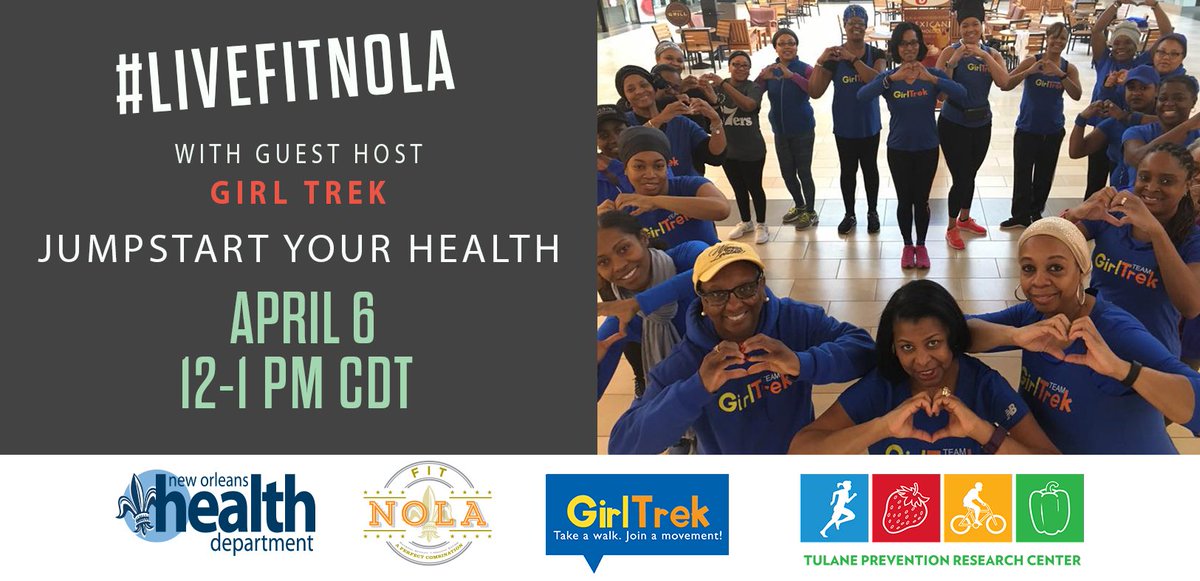 TulanePRC's tweet photo. We're talking walking and health with @FitNOLA & @GirlTrek on April 6th. Join us and share how to #JumpstartYourHealth, @GOTRI @GOTRNOLA! https://t.co/xB2yVbEoWh