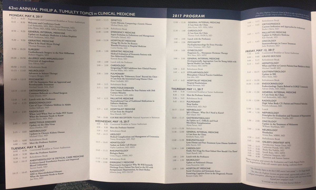 Come join our Tumulty Topics in Clinical #Medicine @HopkinsMedicine. Awesome experts... and two #hpm talks by the #Godfather @tsmit136 & me