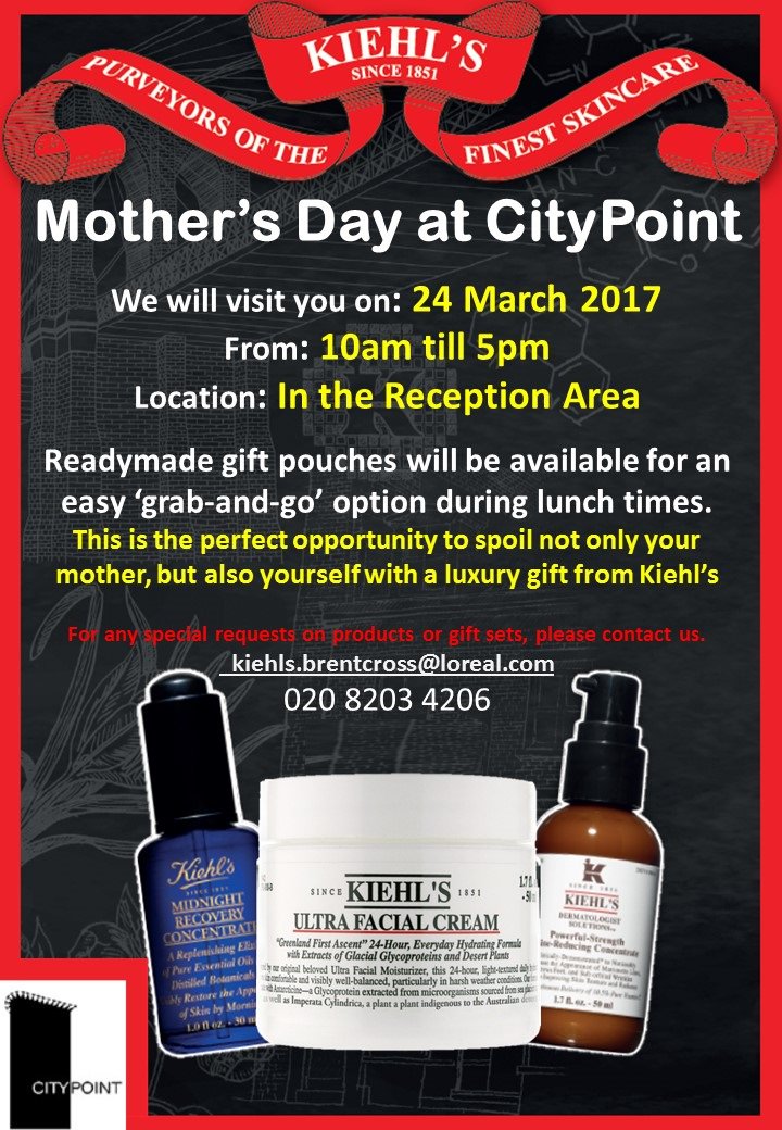 CitypointEC2's tweet photo. @KiehlsUK are coming to CityPoint on 24th of March for #MothersDaygifts.  They will set up a pop up shop in the main lobby (10am - 5pm) https://t.co/VHa0TeJoYd