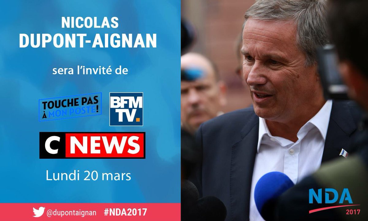 Ce soir N @dupontaignan sera à 19h30 sur @BFMTV ; à 20h à @TPMP et à 21h sur @CNEWS
#TuSaisQueTf1CensureQuand #NDA2017 est présent partout !